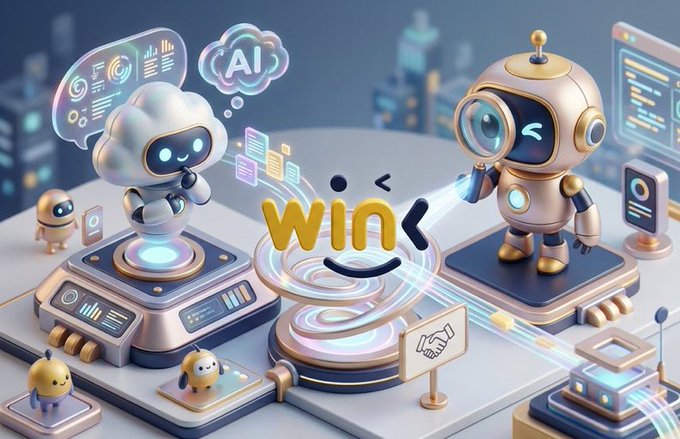 A 3D illustration shows two cartoon robots interacting with floating data panels, with the word 'win' displayed prominently on a central pedestal.