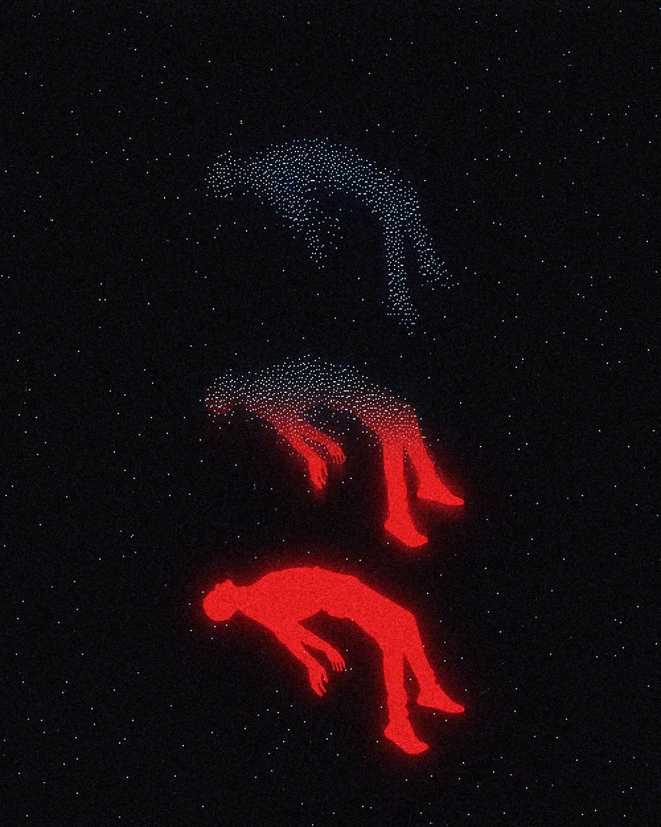 The image features a painting with two red figures floating in space, one above the other. The background is black, creating a stark contrast that makes the figures stand out. The painting is framed by a border of white lines, adding depth and dimension to the artwork. The artist's signature can be seen at the bottom right corner of the image.