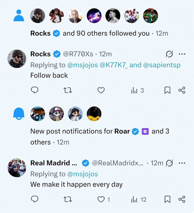 A screenshot of Twitter notifications showing multiple verified accounts including Rocks, Roar, and Real Madrid replying "Follow back" and "We make it happen every day" to user @msjojos.