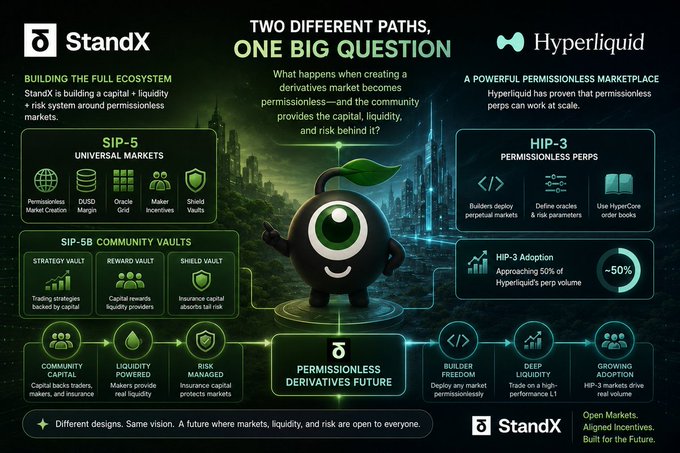 The image presents a side-by-side comparison of StandX and Hyperliquid under the headline "TWO DIFFERENT PATHS, ONE BIG QUESTION," detailing StandX's SIP-5 ecosystem (featuring Community Capital, Liquidity Powered, and Risk Managed components) alongside Hyperliquid's HIP-3 permissionless perps infrastructure, which reportedly drives ~50% of its adoption. The graphic visually reinforces the post's point by contrasting Hyperliquid's proven builder-driven HIP-3 model with StandX's alternative capital-and-liquity-focused ecosystem design, illustrating how both platforms pursue permissionless derivatives from different angles.
