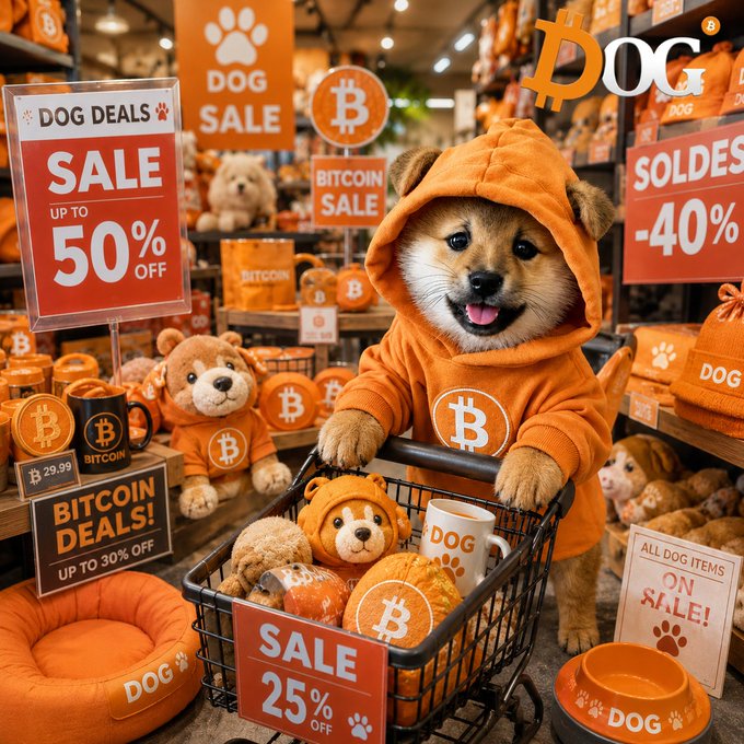 In the image, there's a small brown dog dressed up in an orange sweatshirt with a Bitcoin symbol. This adorable canine character is holding an orange shopping basket filled with various items, including teddy bears and other toys. The post suggests that this image is related to dog-themed merchandise or pet products, as indicated by the phrase "Deal time. $DOG".