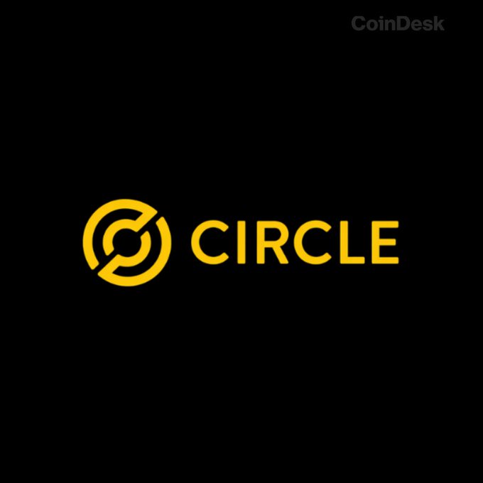 The image displays the yellow Circle logo alongside the "CIRCLE" wordmark on a black background, representing the company behind USDC stablecoin. The accompanying post notes Circle's announcement that USDC processed over $36 trillion in onchain volume in the first half of 2026, with 59% of revenue going to distribution partners and transaction costs.