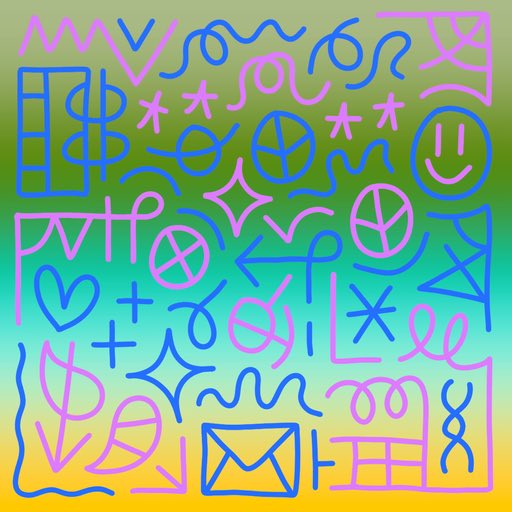 A colorful gradient background featuring various hand-drawn symbols, shapes, and doodles in pink and blue, including hearts, peace signs, smiley faces, and abstract lines.