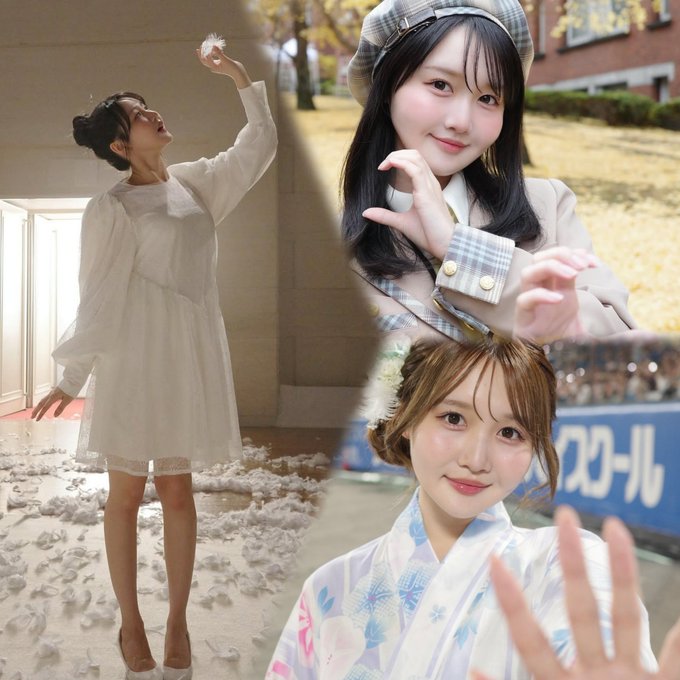 A collage of three photos showing a young woman in different outfits: a flowing white dress in a feather-filled room, a beret and plaid outfit outdoors, and a blue yukata with a wave pattern.