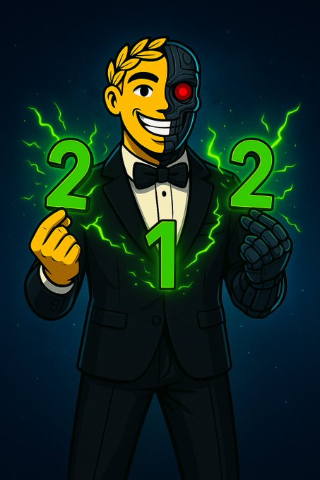 A cartoon illustration depicts a character with half-human and half-robotic face wearing a tuxedo, surrounded by glowing green numbers '2', '2', and '1' and green energy effects against a dark background.