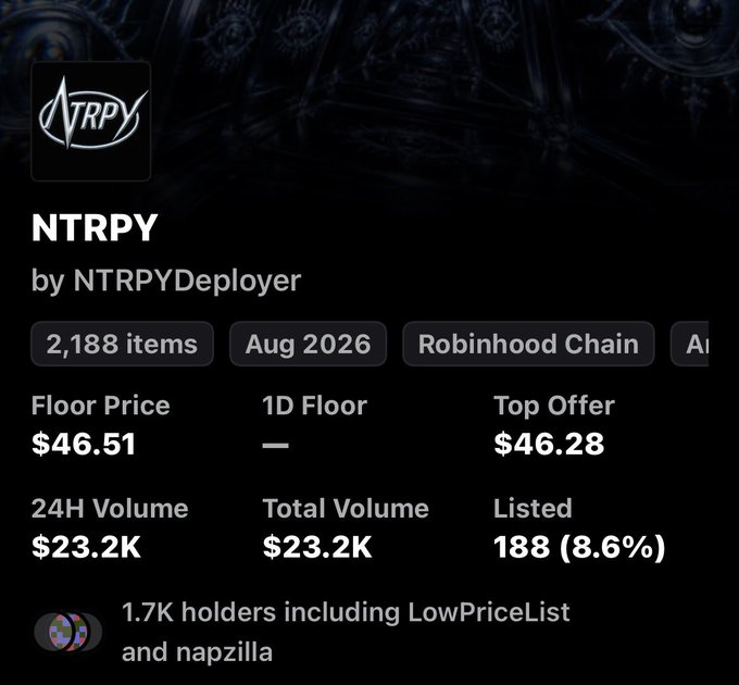 An NFT collection page for 'NTRPY' by NTRPYDeployer on the Robinhood Chain, showing a floor price of $46.51, a top offer of $46.28, and a 24H volume of $23.2K.
