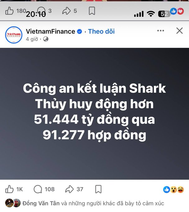 A screenshot of a Facebook post from 'VietnamFinance' with Vietnamese text reading 'Công an kết luận Shark Thúy huy động hơn 51.444 tỷ đồng qua 91.277 hợp đồng', with 1K likes and 37 shares visible.