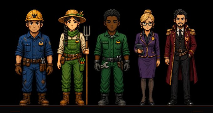 A lineup of five diverse character sprites in pixel-art style is shown, dressed in various professions including a construction worker, farmer, mechanic, businesswoman, and a uniformed officer with a long coat.