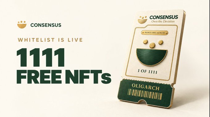 A promotional image for 'CONSENSUS' featuring text 'WHITELIST IS LIVE 1111 FREE NFTs' alongside a cream and green ticket labeled 'OLIGARCH' and '1 OF 1111'.