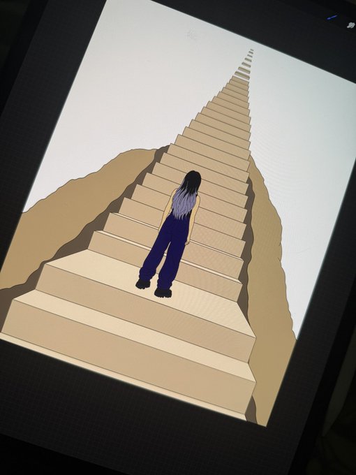 A digital illustration shown on a tablet screen depicts a person with dark hair standing on a long, seemingly endless staircase that stretches upward into a white void.