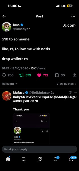 An X (formerly Twitter) post from user 'luna (@lunadyor)' stating '$10 to someone' and asking people to 'like, rt, follow me with notis', along with a reply from 'Mufasa'.