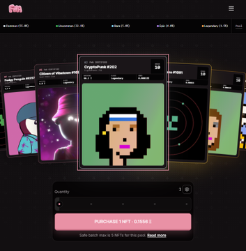 A screenshot of a digital NFT marketplace showing various pixel art character cards, with the central card featuring a 'CryptoPunk #292' priced at 0.9158 ETH next to a 'PURCHASE 1 NFT' button.