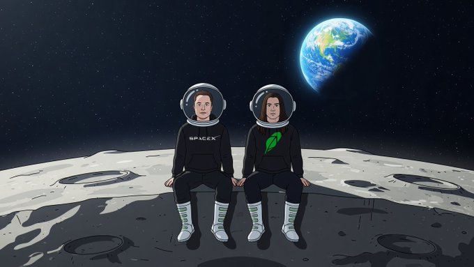 A cartoon illustration depicts two astronauts sitting side by side on the moon's surface with Earth visible in the background; one wears a SpaceX suit while the other wears a green leaf logo suit.
