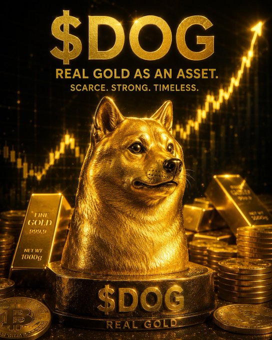Promotional image for '$DOG - REAL GOLD AS AN ASSET. SCARCE. STRONG. TIMELESS.' featuring a gold dog statue surrounded by gold bars and coins with a rising chart in the background.