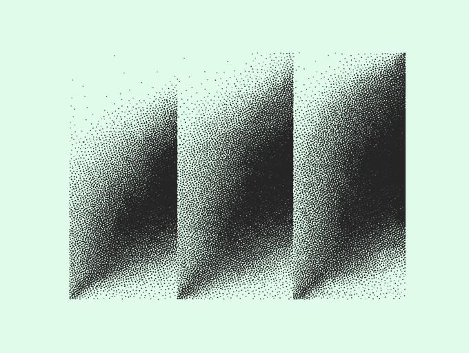 An abstract black and white stippled artwork features three vertical rectangular shapes with dense, gradient-like dot patterns on a light cream background.