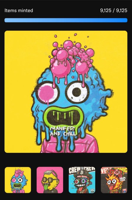 A screenshot of an NFT minting page showing 9,125 of 9,125 items minted, featuring a blue, melting cartoon character with pink bubble-like growths and the text 'MANIFEST AND CHILL' on its shirt.