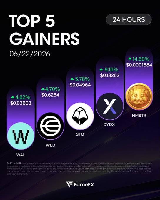 The image features a graph or chart that shows the top five gainers for 24 hours, along with the names of each coin they've gained from. These coins include DYDX, WAL, StO, STO, and HDYDX. These five gainers represent some of the largest gains in trading fees over this 24-hour period. The chart is set against a purple background that highlights the importance of the data presented.