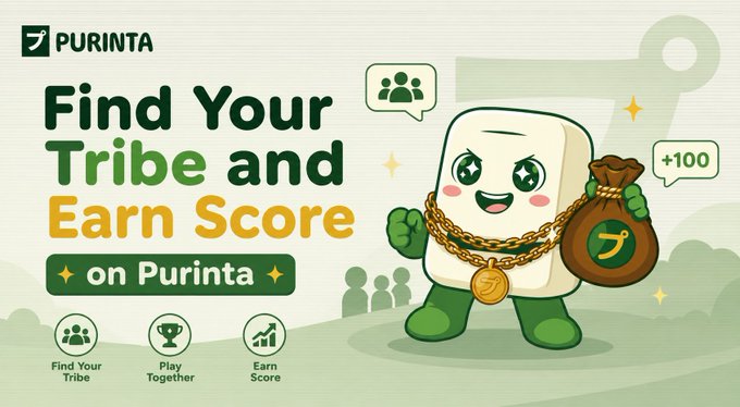 The image features a cartoon character, likely a marshmallow or a bag of candy, holding a gold chain with a green bag attached to it. The background of the image is white, which contrasts with the colorful cartoon character. The text on the image reads "Find Your Tribe and Earn Score on Purinta".
