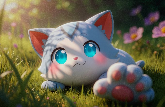 A cute, round gray cat character with bright turquoise eyes and pink inner ears rests in a sunlit meadow, its oversized pink-tipped paw displayed prominently, visually embodying the "premium cat coin" branding described in the post.