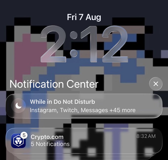 An iOS lock screen showing the time 2:12 on Friday 7 August, with the Notification Center open displaying Do Not Disturb settings suppressing notifications from Instagram, Twitch, Messages and 45 others, plus a notification from Crypto.com with 5 alerts at 8:32 AM.