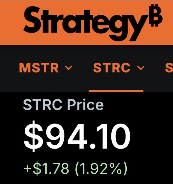 The image shows a Strategy (formerly MicroStrategy) stock display for ticker $STRC, with a current price of $94.10, up $1.78 (1.92%). It illustrates the post's point that $STRC has recovered back above the $94 level after two months of bearish sentiment, signaling a return of confidence to the stock.