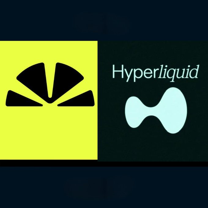 The image shows a split graphic featuring the Polymarket logo (a yellow square with a black fan/leaf design) on the left and the Hyperliquid logo (with its name and distinctive hourglass-shaped emblem) on the right, visually representing the post's theme of combining both platforms into a single unified app by @massdotmoney.