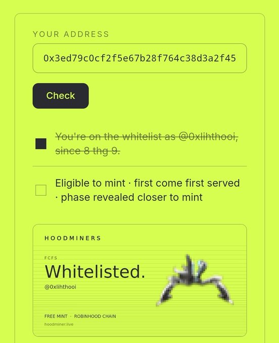 A yellow-themed whitelist verification interface showing 'YOUR ADDRESS' field with hash 0x3ed79c0cf2f5e67b28f764c38d3a2f45, confirming the user @0xlilthoo is whitelisted since 8 Aug, with a 'Whitelisted' Hoodminers FCFS card.
