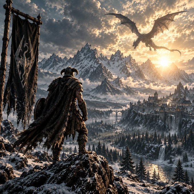 A fantasy scene shows a horned warrior in furs standing on a snowy cliff beside a dark banner, overlooking a mountain valley with a dragon flying in the sunset sky and a distant castle.