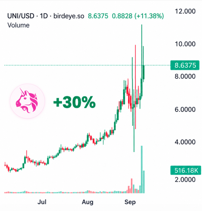 A financial chart from birdeye.so displays the UNI/USD trading pair on a 1D timeframe, showing a price of 8.6375 with an +11.38% gain, and highlights a '+30%' increase with a pink unicorn logo.