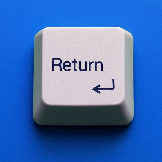 A close-up of an off-white keyboard "Return" key featuring a left-pointing return arrow on a blue background, symbolizing the crypto community's mission to return prices to all-time highs.