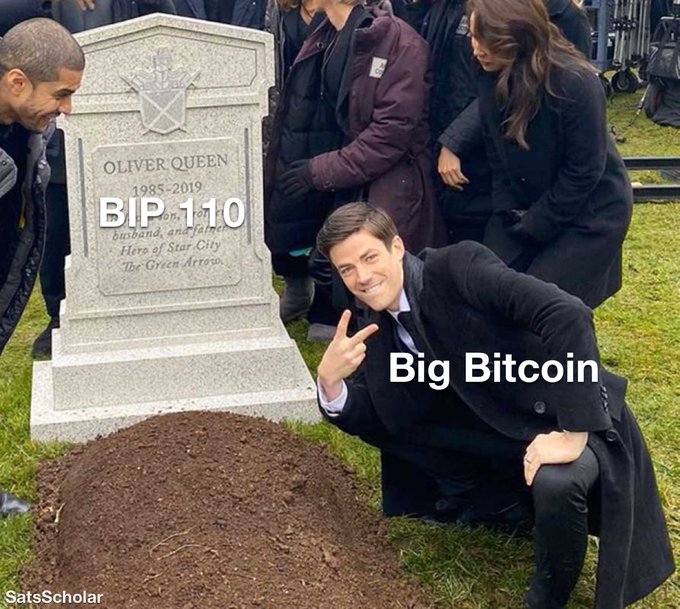 A meme image depicting a funeral scene at Oliver Queen's gravestone, with text labeling the mourners 'BIP 110' and 'Big Bitcoin'.