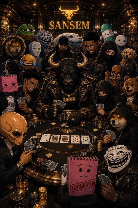 An elaborate parody of the Last Supper set in a casino, featuring a central figure in a bull mask with 'SANSEM' on his chain, surrounded by meme characters like Pepe, Wojak, and BMO playing cards at a poker table.
