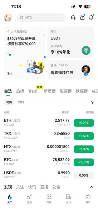 A screenshot of the HTX cryptocurrency exchange mobile app, showing market prices for ETH/USDT, TRX/USDT, HTX/USDT, BTC/USDT, and USDC/USDT, along with a trading challenge banner.