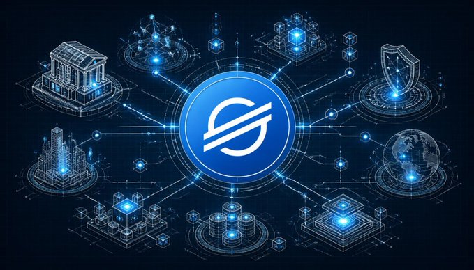 A digital graphic displays a central blue circular logo with an 'S' symbol, surrounded by interconnected nodes representing financial and technological concepts like banks, shields, and data centers on a dark background.