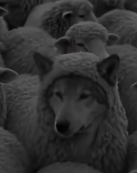 A black and white image showing a wolf wearing a sheep disguise, surrounded by actual sheep, humorously playing on the phrase 'a wolf in sheep's clothing'.