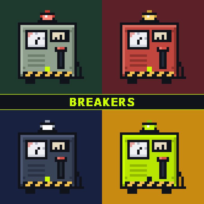 Four pixel-art characters resembling electrical breaker boxes with cartoon eyes and legs are displayed in green, red, blue, and yellow color schemes, with 'BREAKERS' written across the middle.