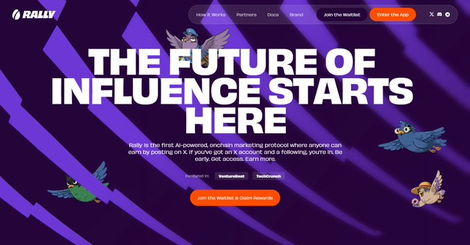 The image features a website called Rally with purple and blue colors. The text displayed on the website reads "The Future of Influence Starts Here" which suggests that the platform aims to promote fairness and consistency among creator campaigns, giving opportunities to smaller creators who may not have the same reach as larger ones. This aligns with rally's focus on quality and consistency rather than just popularity or follower count. The image also includes a bird graphic in the top left corner of the website, which adds a creative touch to the overall design.