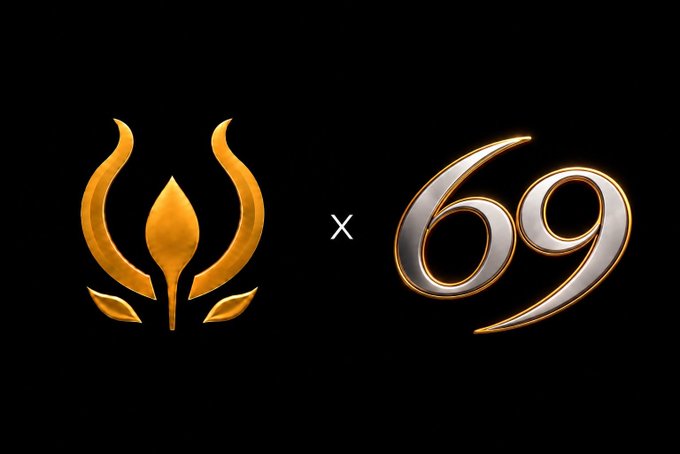 A graphic on a black background featuring a golden, flame-like lotus emblem on the left, an 'x' symbol in the middle, and a silver, metallic '69' with gold trim on the right.