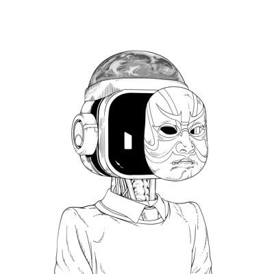 A black and white digital illustration depicts a character wearing a complex helmet that incorporates both mechanical astronaut elements and a textured, face-like design.