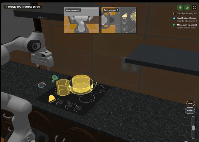 A virtual reality or simulation interface showing robotic arms in a kitchen environment, with camera feeds labeled 'Arm camera 1' and 'Arm camera 2' displaying a stove with yellow cooking pots, and controls for 'Hold & drag the arm' and 'Move arm to object'.