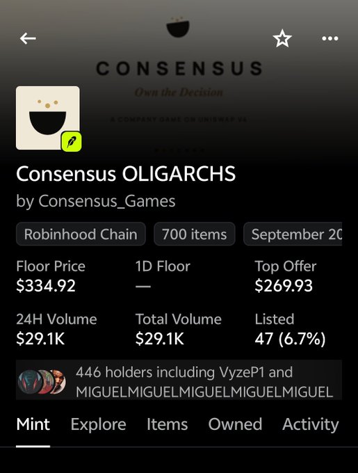NFT marketplace listing for 'Consensus OLIGARCHS' by Consensus_Games on Robinhood Chain, showing a floor price of $334.92, top offer of $269.93, and 446 holders.