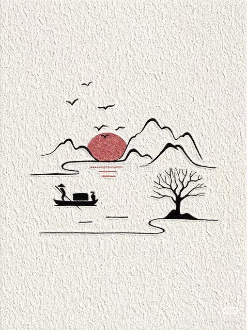 A minimalist line art illustration of a red sun setting behind mountains, with a person fishing from a small boat on a lake, birds flying overhead, and a bare tree on a small island.
