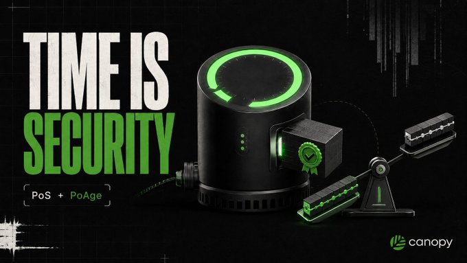 A dark promotional banner reads "TIME IS SECURITY - PoS + PoAge" featuring a black cylindrical device with green accents and the canopy logo.
