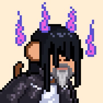 A pixel art illustration of an anime-style character with long black hair and a gray beard, wearing a dark outfit, surrounded by floating purple flame-like shapes against a beige background.