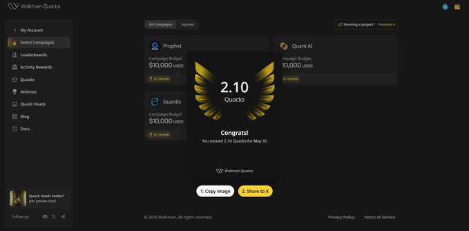 The image features a detailed screenshot of someone's computer screen showing their bank account balance, which shows that they have earned 0.6 Quacks (a currency) today instead of just 1.0 (the previous day). The text on the screen reads "I told you already, @wallchain always brings unexpected and interesting surprises," implying that an increase in Quack was seen compared to the previous day's balance.