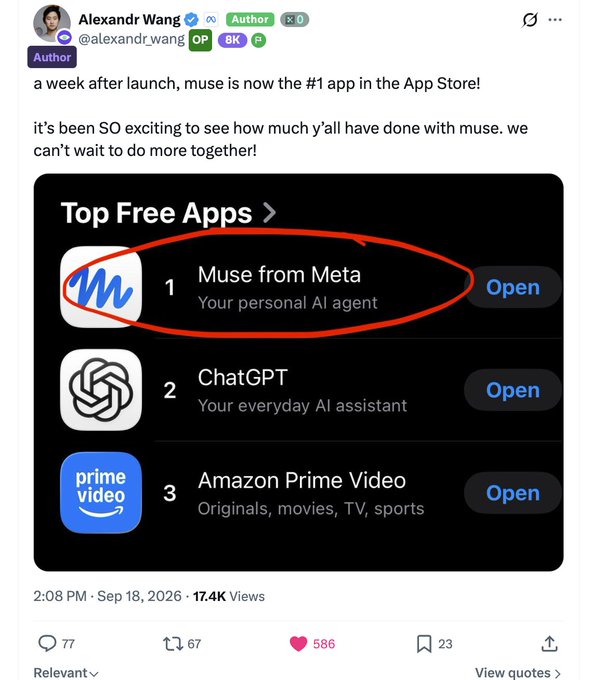 A tweet by Alexandr Wang (@alexandr_wang) announces that 'muse' from Meta is the #1 free app in the App Store a week after launch, beating ChatGPT and Amazon Prime Video.