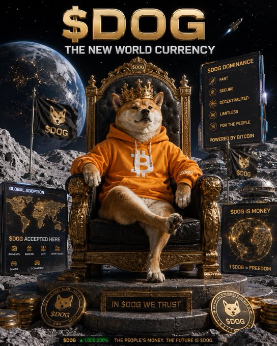 A promotional image for "$DOG" cryptocurrency, featuring a Shiba Inu wearing a Bitcoin hoodie sitting on a golden throne with text including "THE NEW WORLD CURRENCY", "$DOG DOMINANCE", "IN $DOG WE TRUST", and a "1,000.00%" gain indicator.