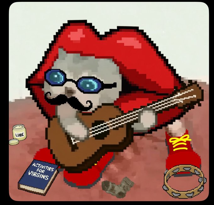 A pixel art illustration of a heart-shaped character wearing sunglasses and a mustache, playing a guitar, with a jar labeled "LUBE", a book titled "ACTIVITIES FOR VIRGINS", a sock, and a tambourine nearby.