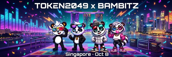 A colorful promotional banner for 'TOKEN2049 x BAMBITZ' event in Singapore on Oct 8, featuring four cartoon pandas with sunglasses and a vibrant city skyline at night.
