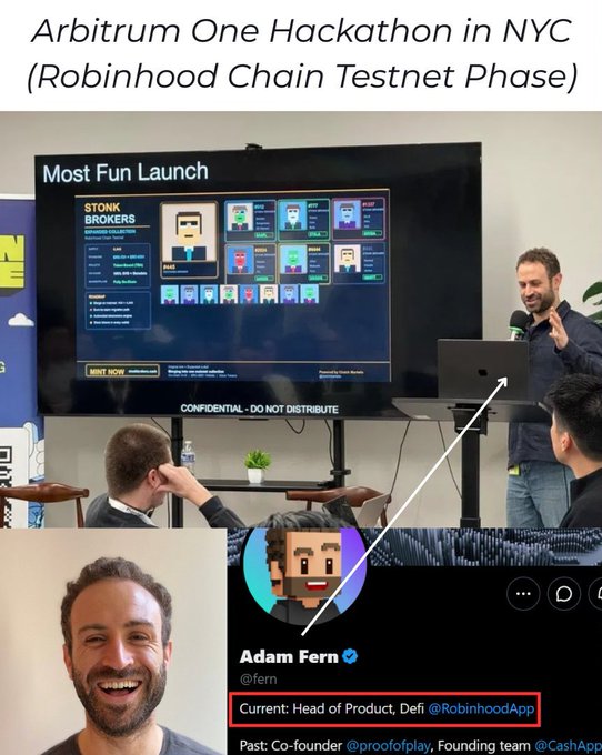 The image shows Adam Fern, Head of Product for DeFi at Robinhood App, presenting "Stonk Brokers" as the "Most Fun Launch" winner at the Arbitrum One Hackathon in NYC during the Robinhood Chain Testnet phase, reinforcing the post's claim that StonkBroker is a standout up-only project on the Robinhood chain.